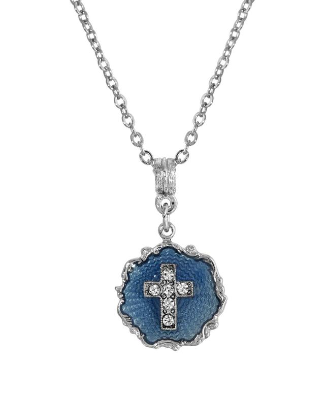 Symbols of Faith Silver-Tone Crystal Cross Pendant, Womens, Blue Product Image