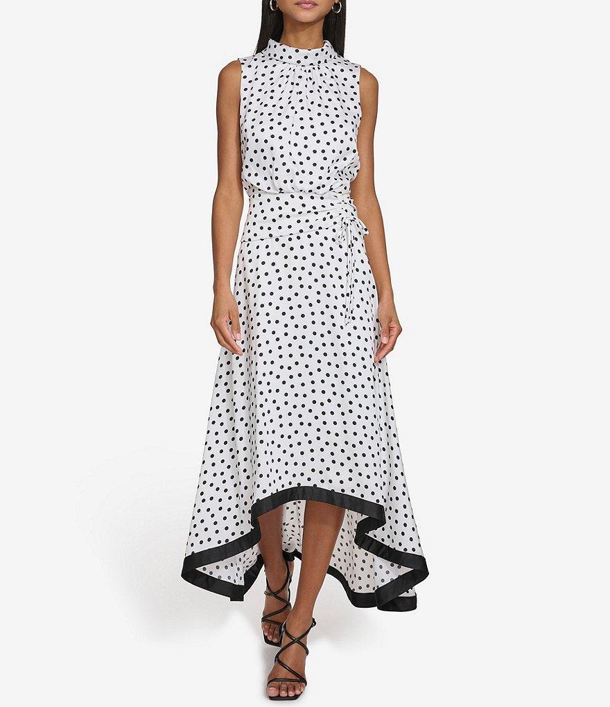 KARL LAGERFELD PARIS Dotted Mock Neck Sleeveless High Low Dress Product Image