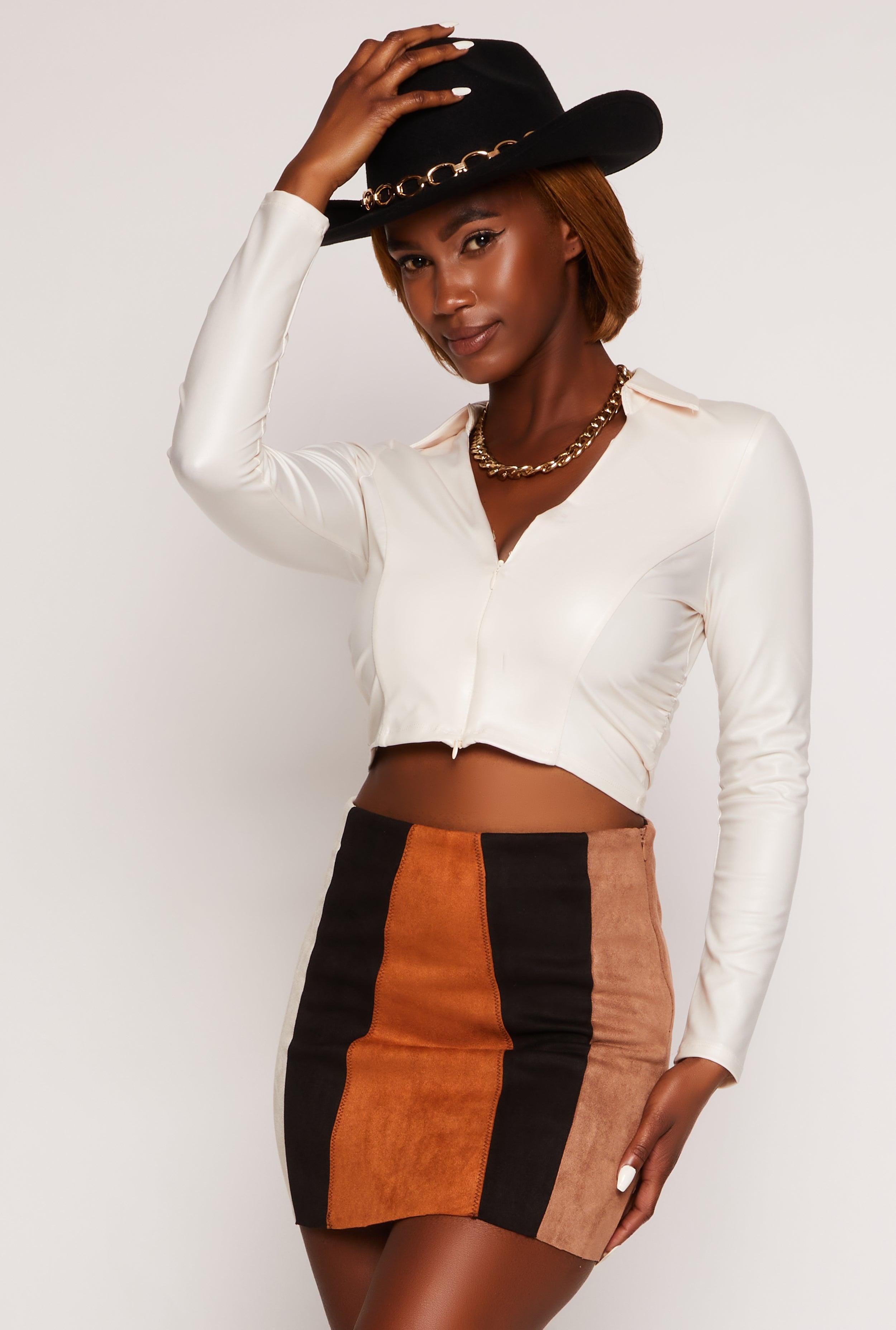 Womens Faux Leather Shirt Collar Crop Top Product Image