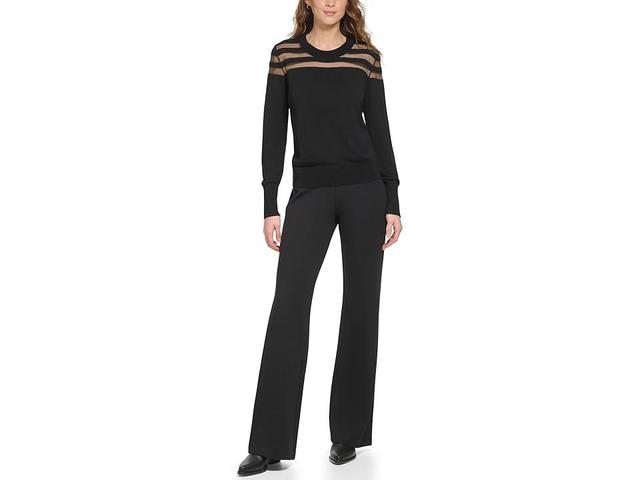 DKNY Long Sleeve Crew Neck Stripe Mesh Yoke Sweater Women's Clothing Product Image