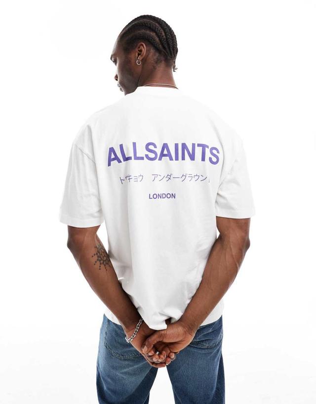 AllSaints Underground oversized t-shirt in white and purple Product Image