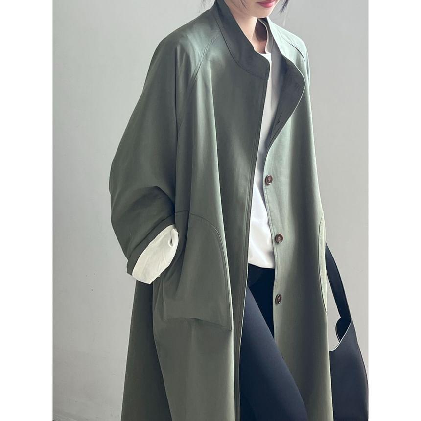 Stand Collar Plain Midi Single-Breasted Coat Product Image