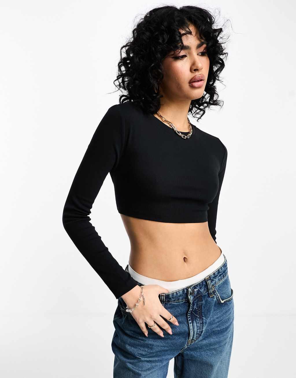 ASOS DESIGN long sleeve crop top with tie back Product Image