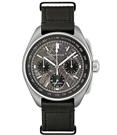 Bulova Mens Chronograph Lunar Pilot Meteorite Black Leather Strap Watch 44mm - Limited Edition Product Image