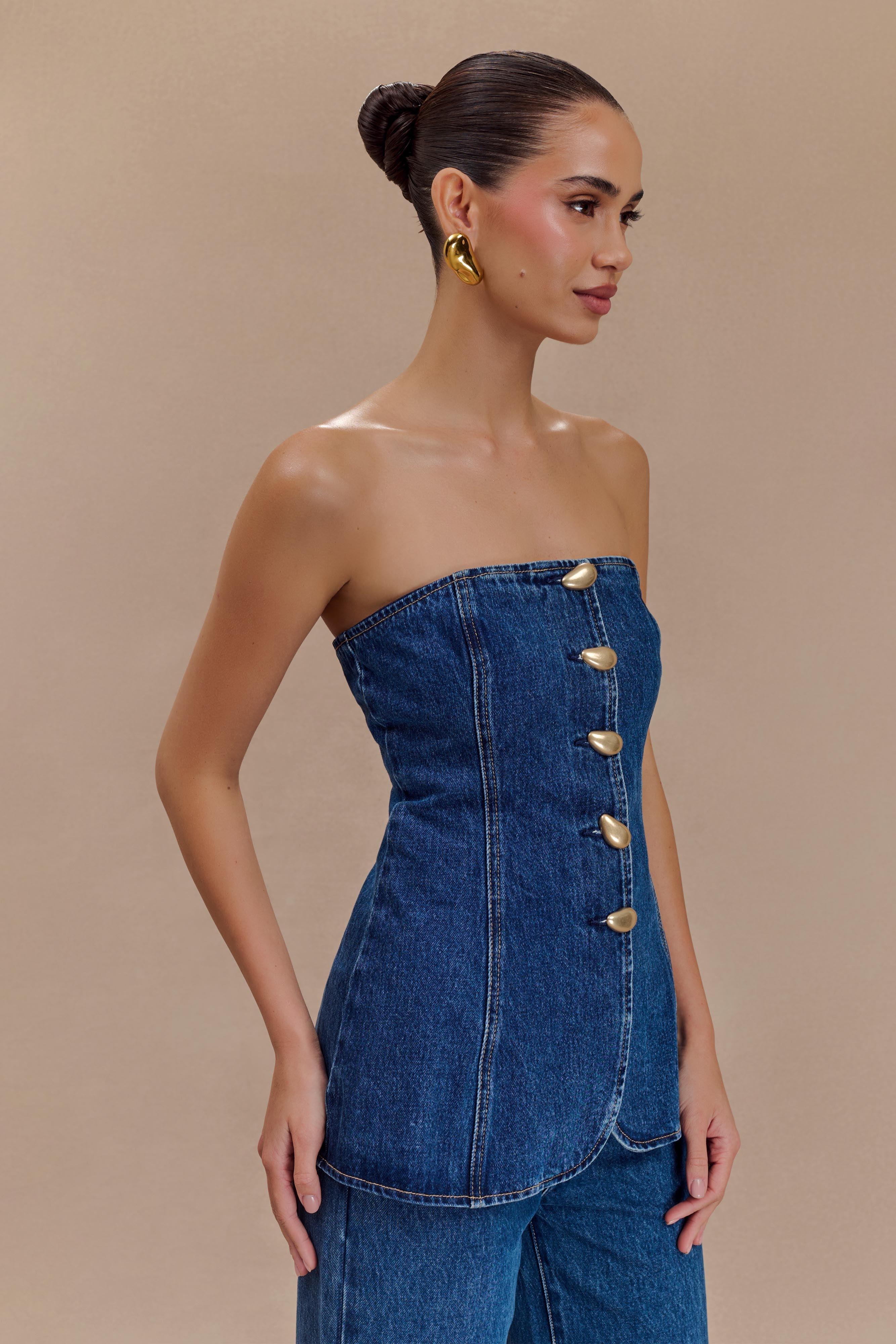 Lennox Strapless Long Line Button Top - Dark Blue Product Image