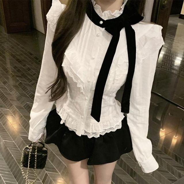 Plain Bow Lace Trim Blouse Product Image