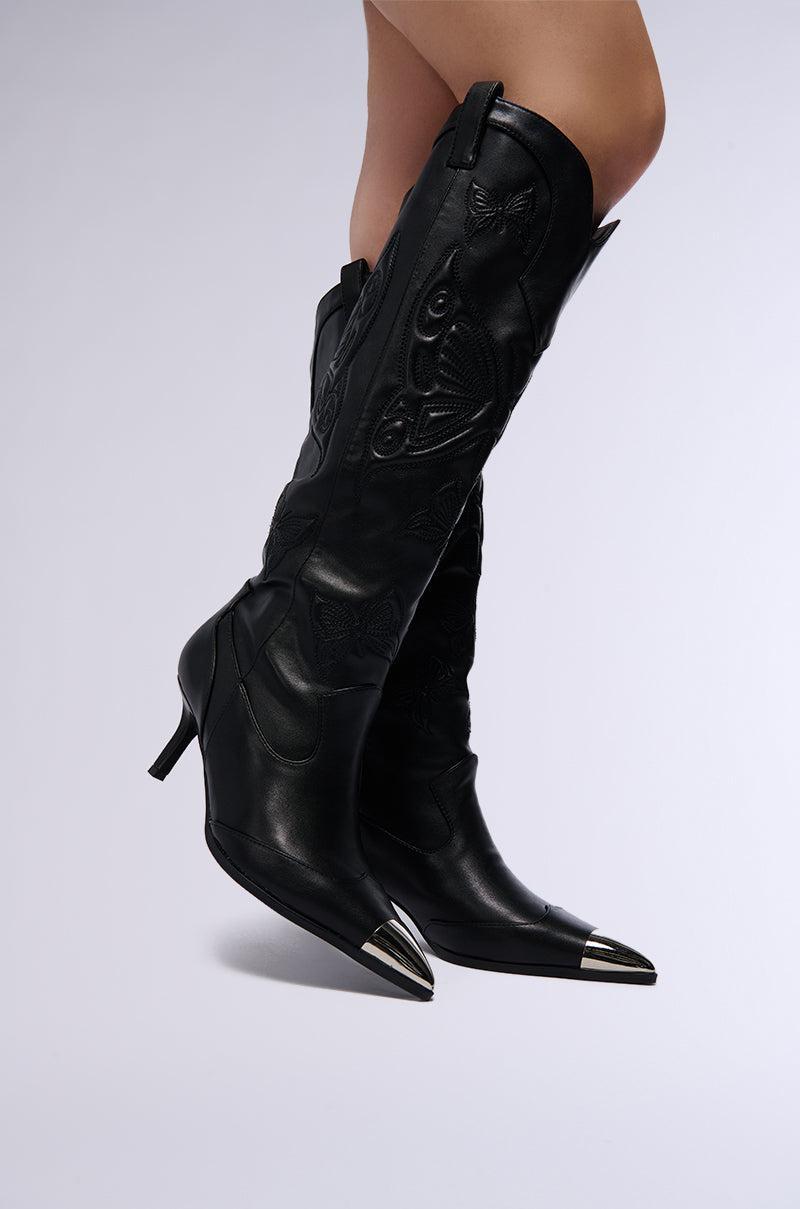 AZALEA WANG FLORYAN BLACK WESTERN BOOT WITH SILVER TOE CAP Product Image