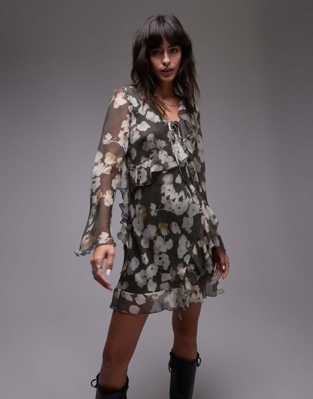 Topshop long sleeve frill mini tea dress in watercolor floral Product Image