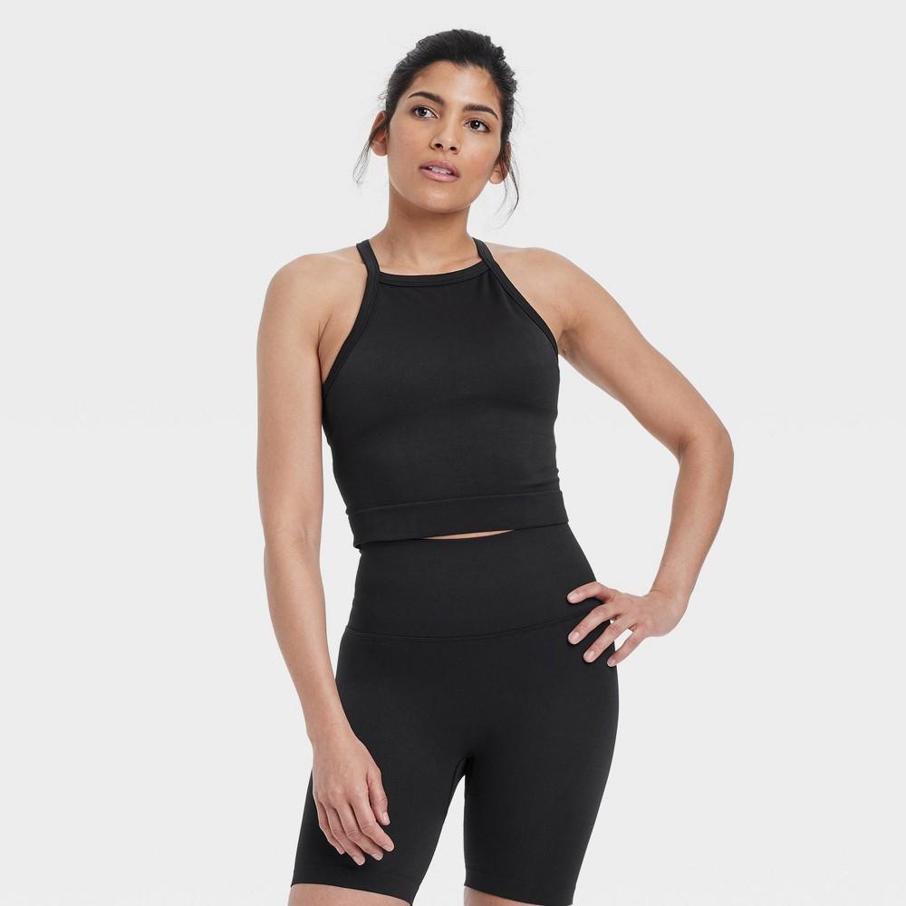 Womens Seamless Rib Cropped High Neck Tank Top - All In Motion Black L Product Image