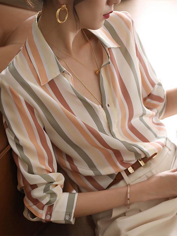 Long Sleeves Multi-Colored Striped Lapel Shirts Tops Product Image