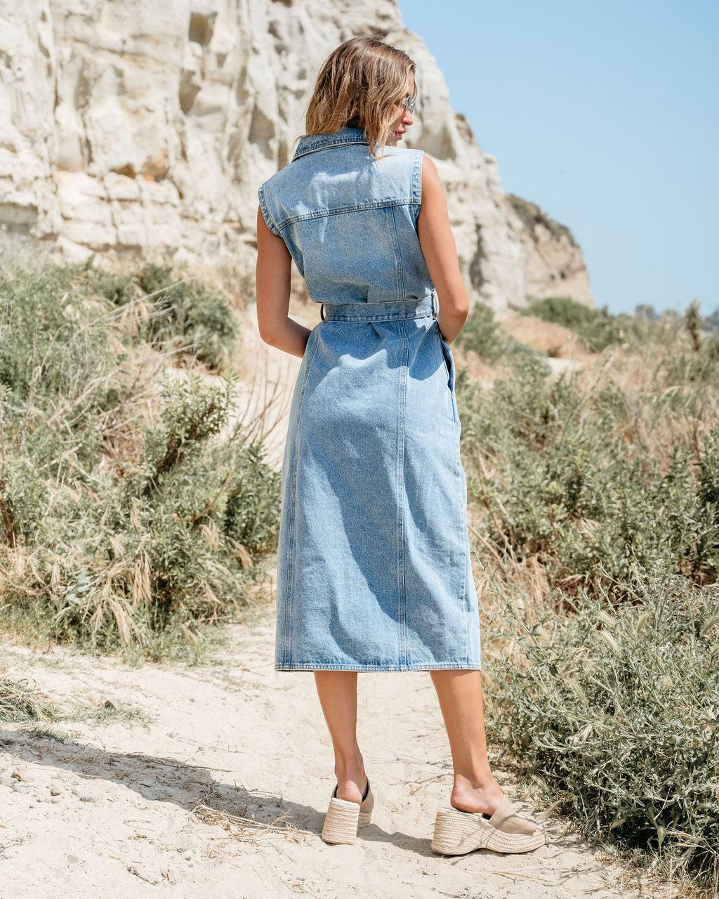 Denim Button Down Belted Midi Dress - FINAL SALE Female Product Image