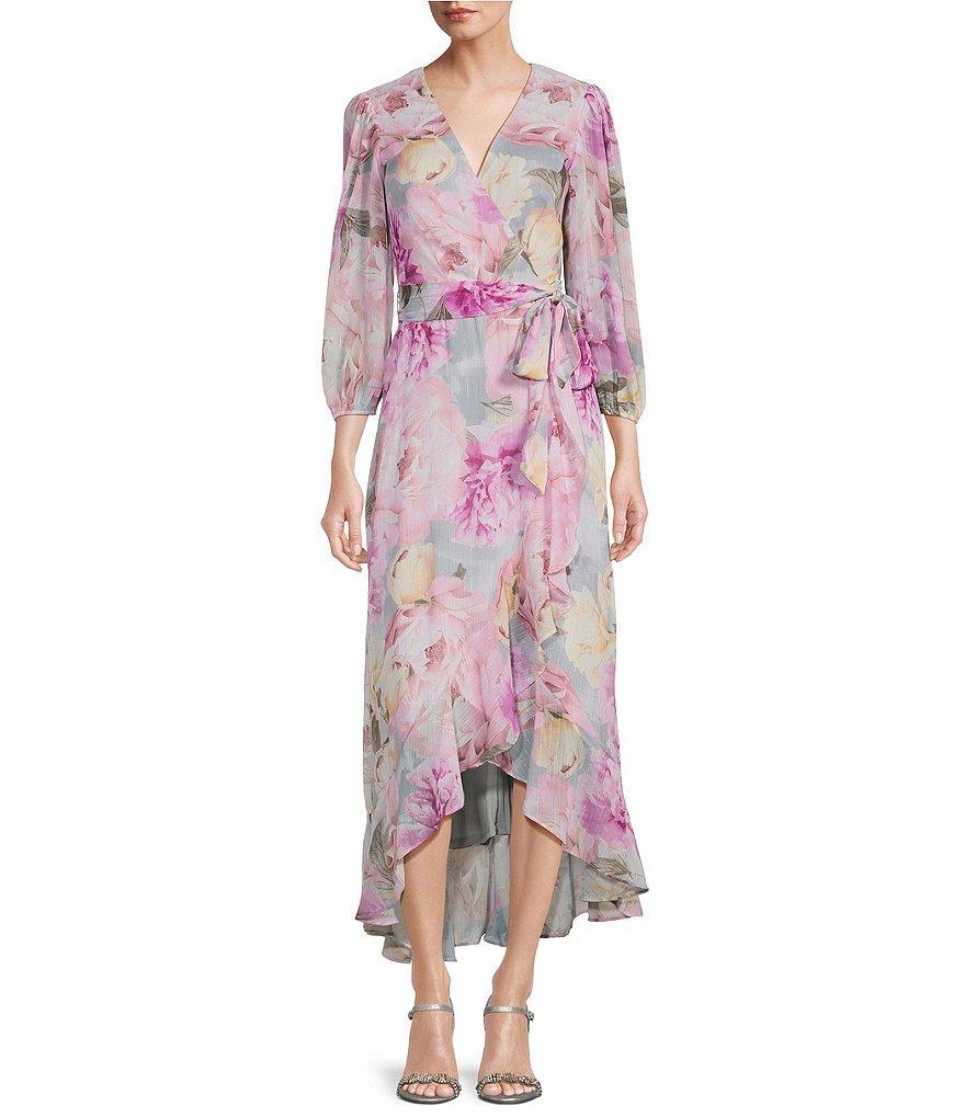 Jessica Howard Floral Print 3/4 Balloon Sleeve High-Low Hem Wrap Dress Product Image