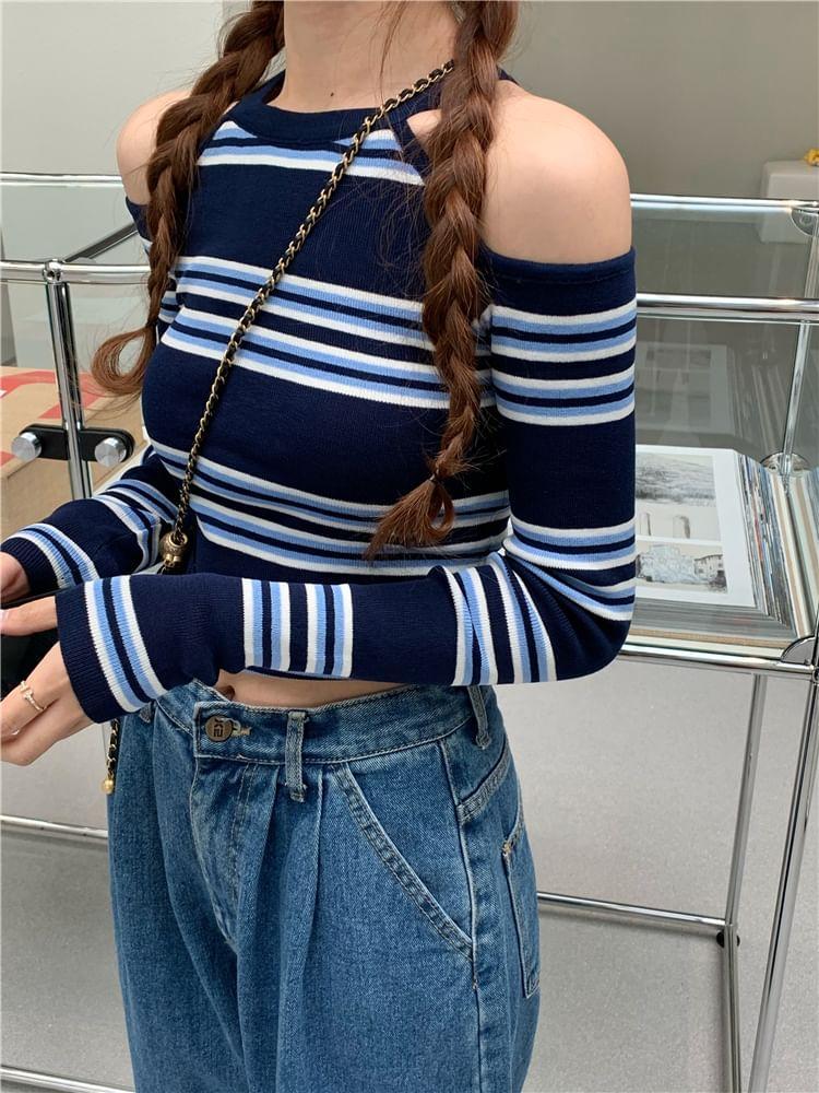 Long-Sleeve Crewneck Cold Shoulder Striped Top Product Image