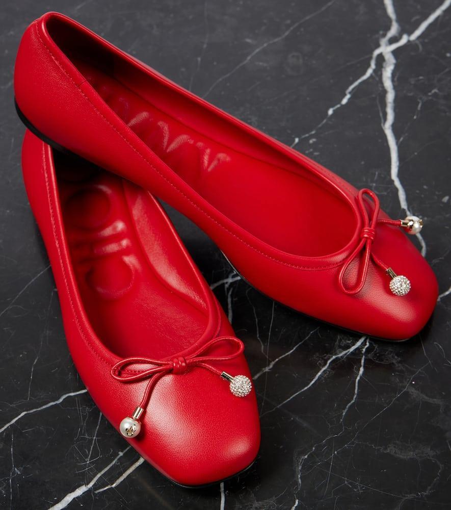 Elme Leather Bow Ballerina Flats In Red Product Image