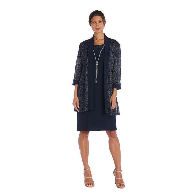 Womens R&M Richards 2-piece Sparkly Rib Jacket & Dress Set Blue Product Image