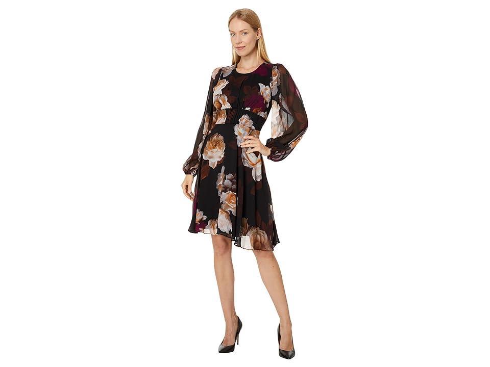 Calvin Klein Chiffon Floral Long Sleeve Shift (Persmn Multi) Women's Dress Product Image