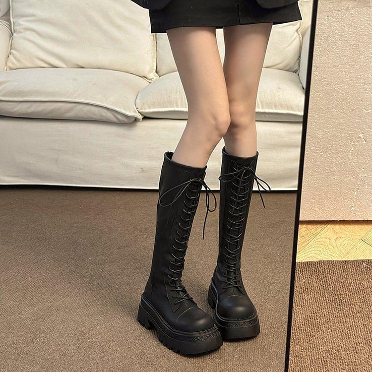 Platform Lace Up Knee High Boots product image