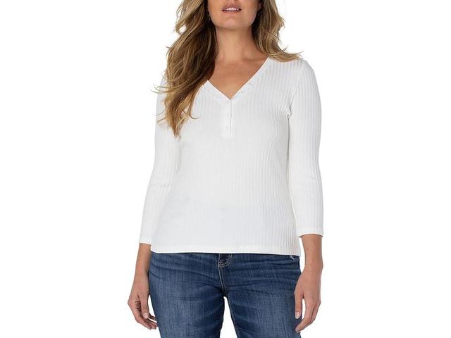 Liverpool 3/4 Sleeve Button Front Rib Knit Henley Top (Eggplant) Women's Clothing Product Image