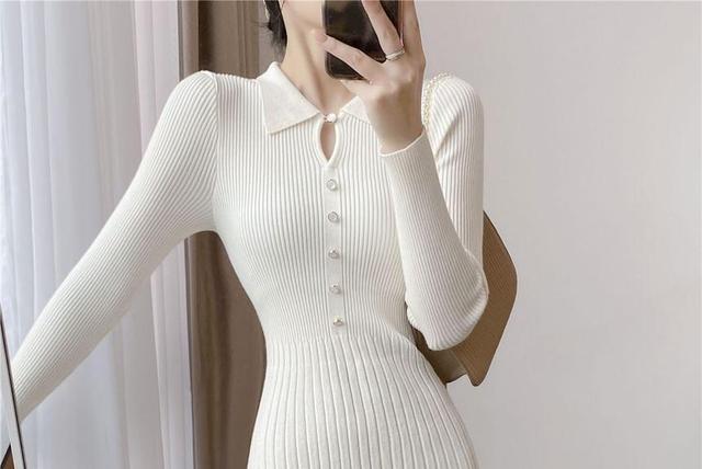 Long-Sleeve Collared Plain Ribbed Knitted Midi A-Line Dress Product Image