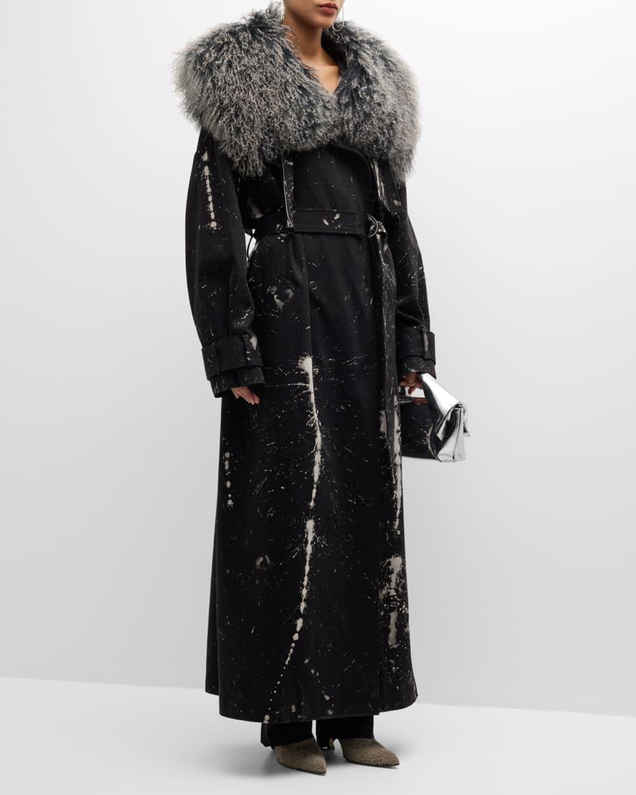 Long Bleached Denim Double-Breasted Trench Coat with Mongolian Fur Collar Product Image