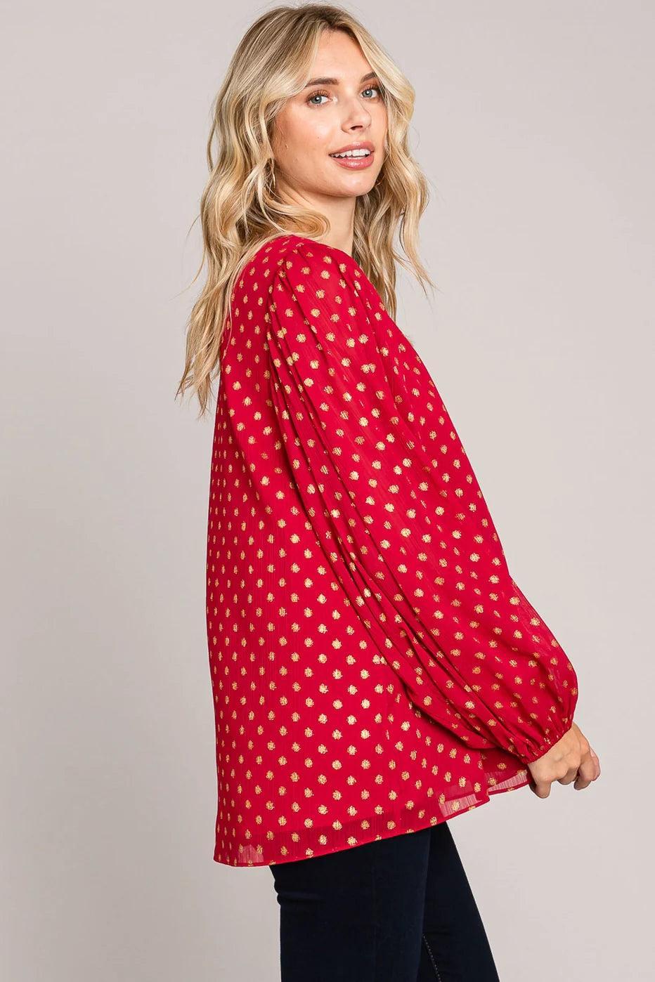 Gold Polka Dot Chiffon Women's Bubble Sleeve Blouse Female Product Image