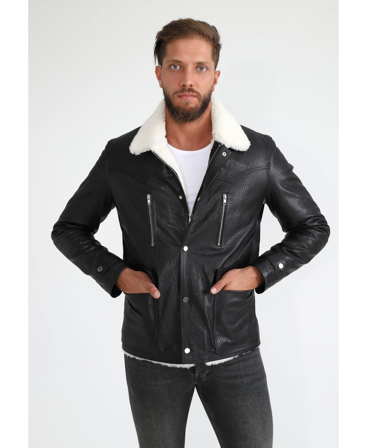 Furniq Uk Mens Genuine Leather Coat with Shearling Lining Nappa and White Curly Wool - Black Product Image