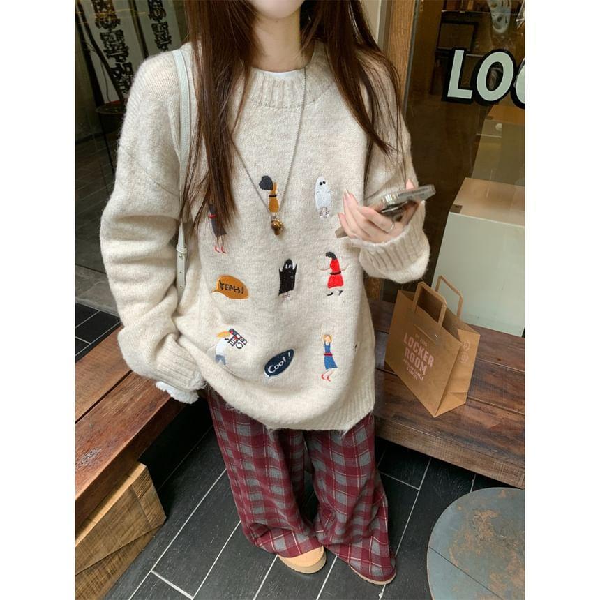 Crewneck Jacquard Sweater / High Waist Plaid Wide Leg Pants Product Image