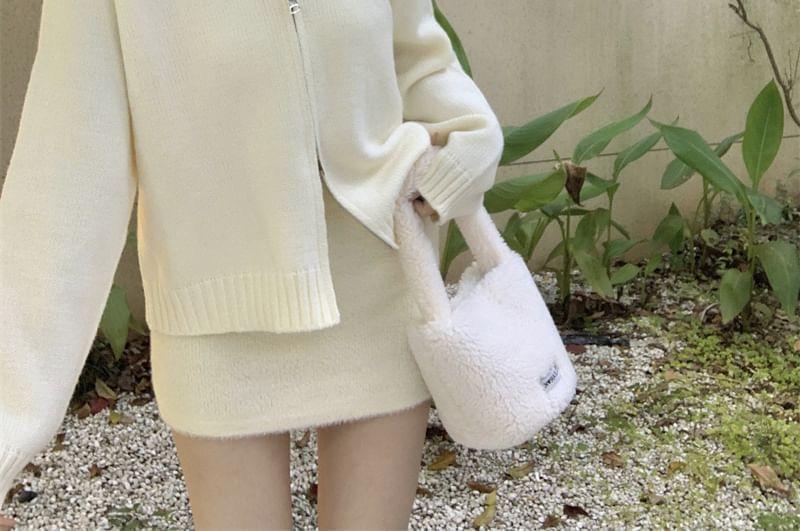 Fluffy Hooded Plain Zip Up Cardigan Product Image