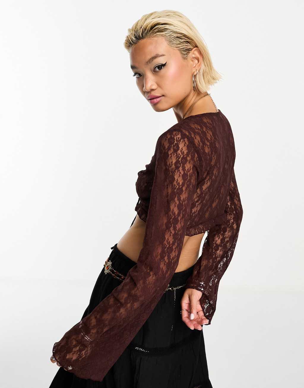 Emory Park lace key hole detail crop top in chocolate Product Image