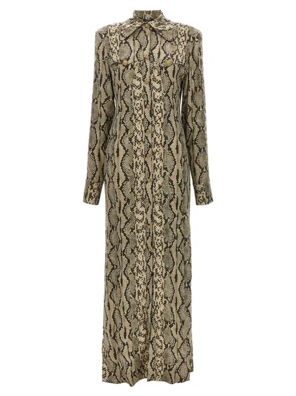 Long Brown Python-print Viscose Shirt Dress In Grey Product Image