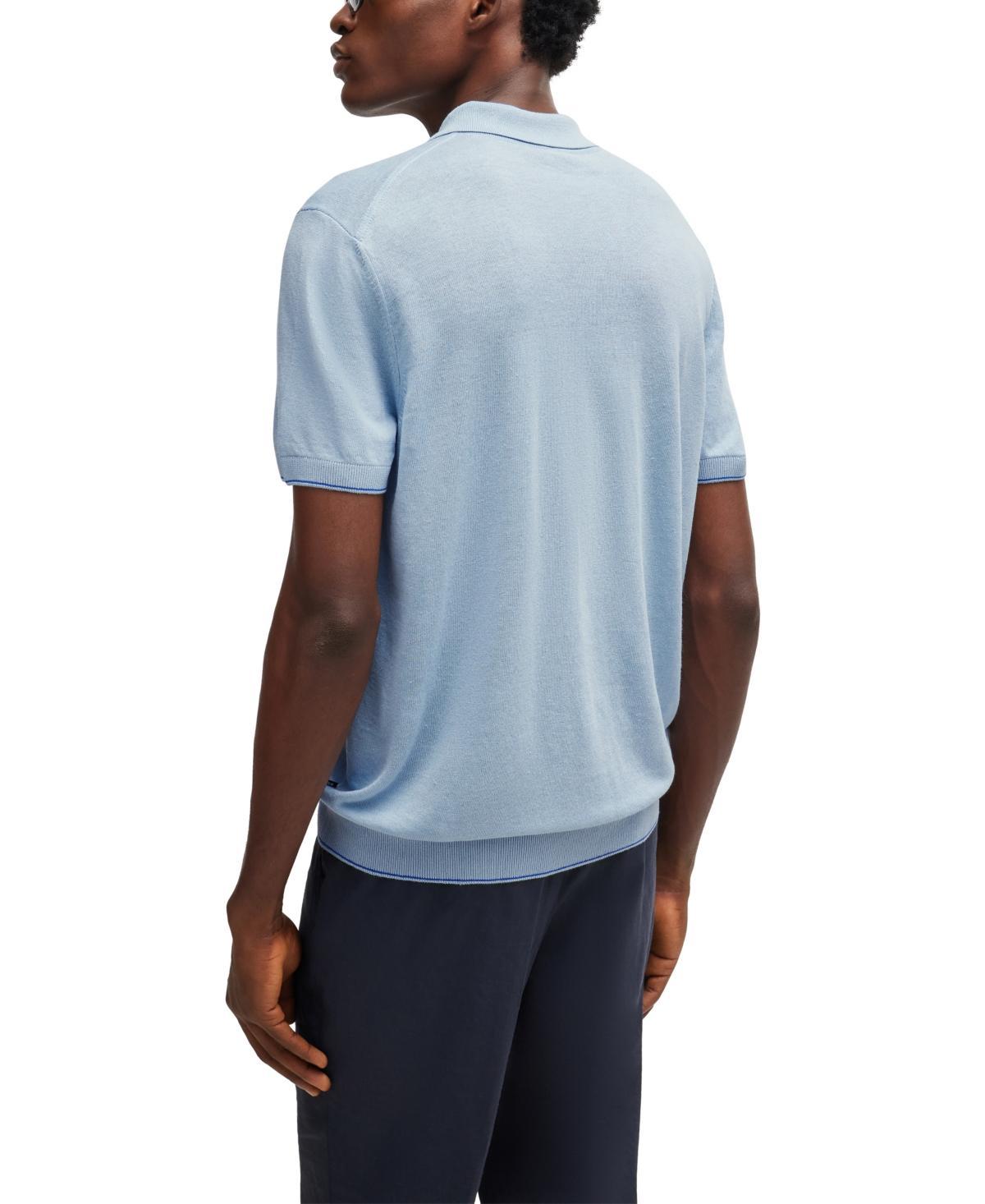 HUGO BOSS Zip-neck Polo Sweater In A Linen Blend In Light Blue Product Image