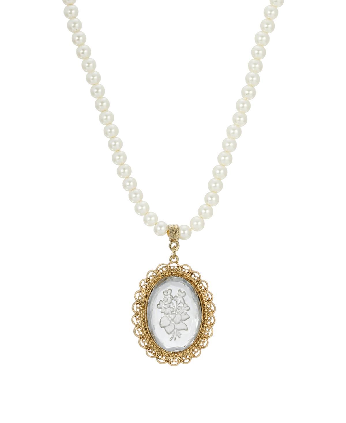 1928 Gold Tone Simulated Pearl Clear Intaglio Pendant Necklace, Womens, White Product Image