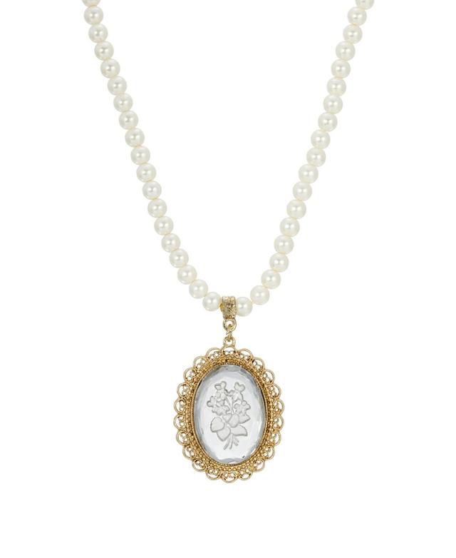 1928 Gold Tone Simulated Pearl Clear Intaglio Pendant Necklace, Womens, White Product Image