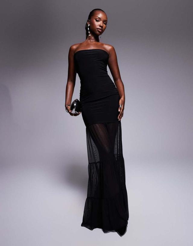 Kaiia exclusive bandeau slinky mesh hem maxi dress in black Product Image