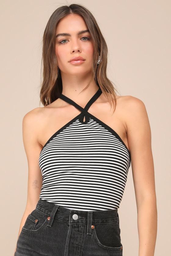 Delightful Pose Black Striped Ribbed Knit Keyhole Halter Top Product Image