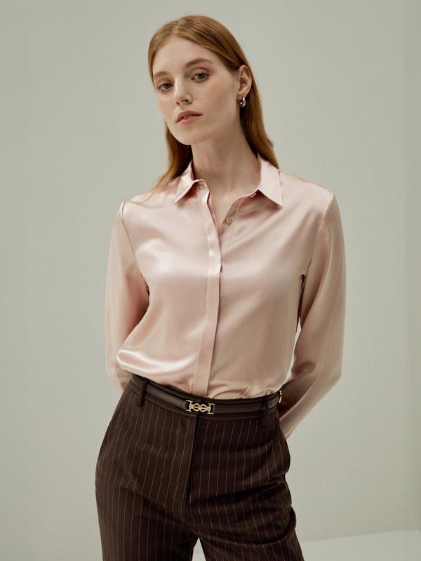 Basic Concealed Placket Silk Shirt Product Image