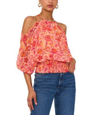 Women's Cold-Shoulder Printed Smocked-Waist Top Product Image