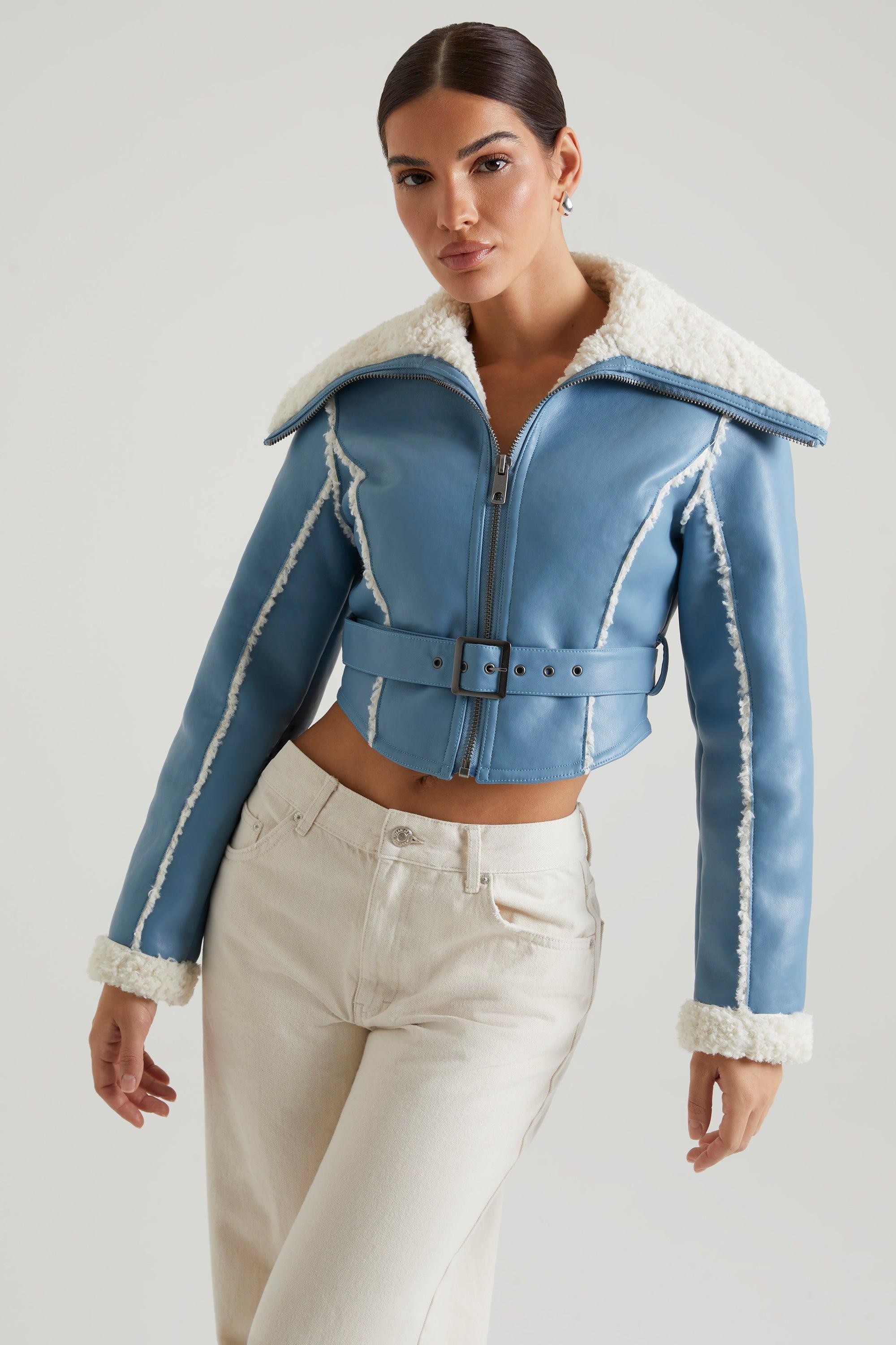 Jacket with Shearling Collar and Trim in Blue Product Image