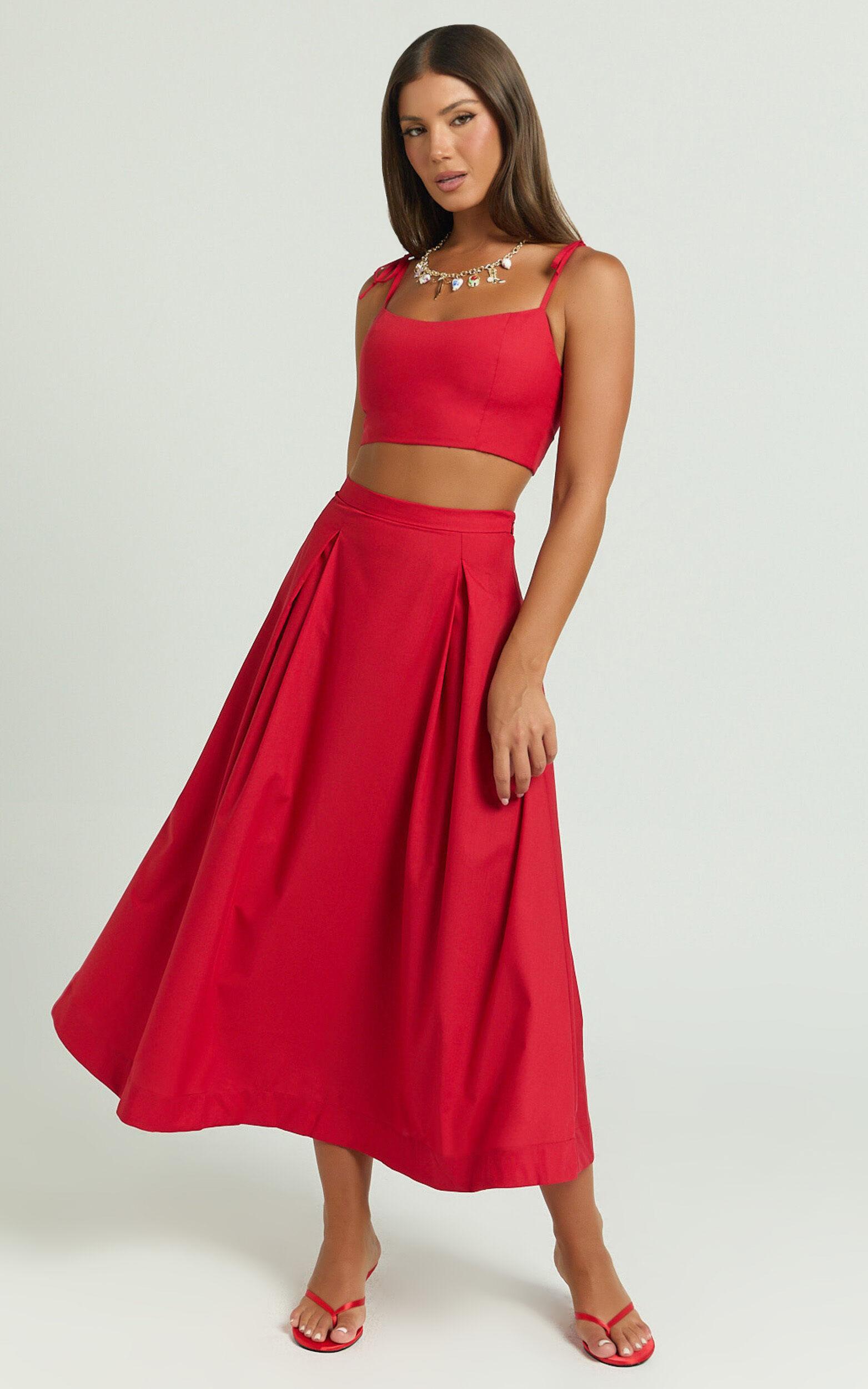 Rosalee Two Piece Set - Strappy Crop Top and High Waisted A Line Midi Skirt Set in Red Product Image