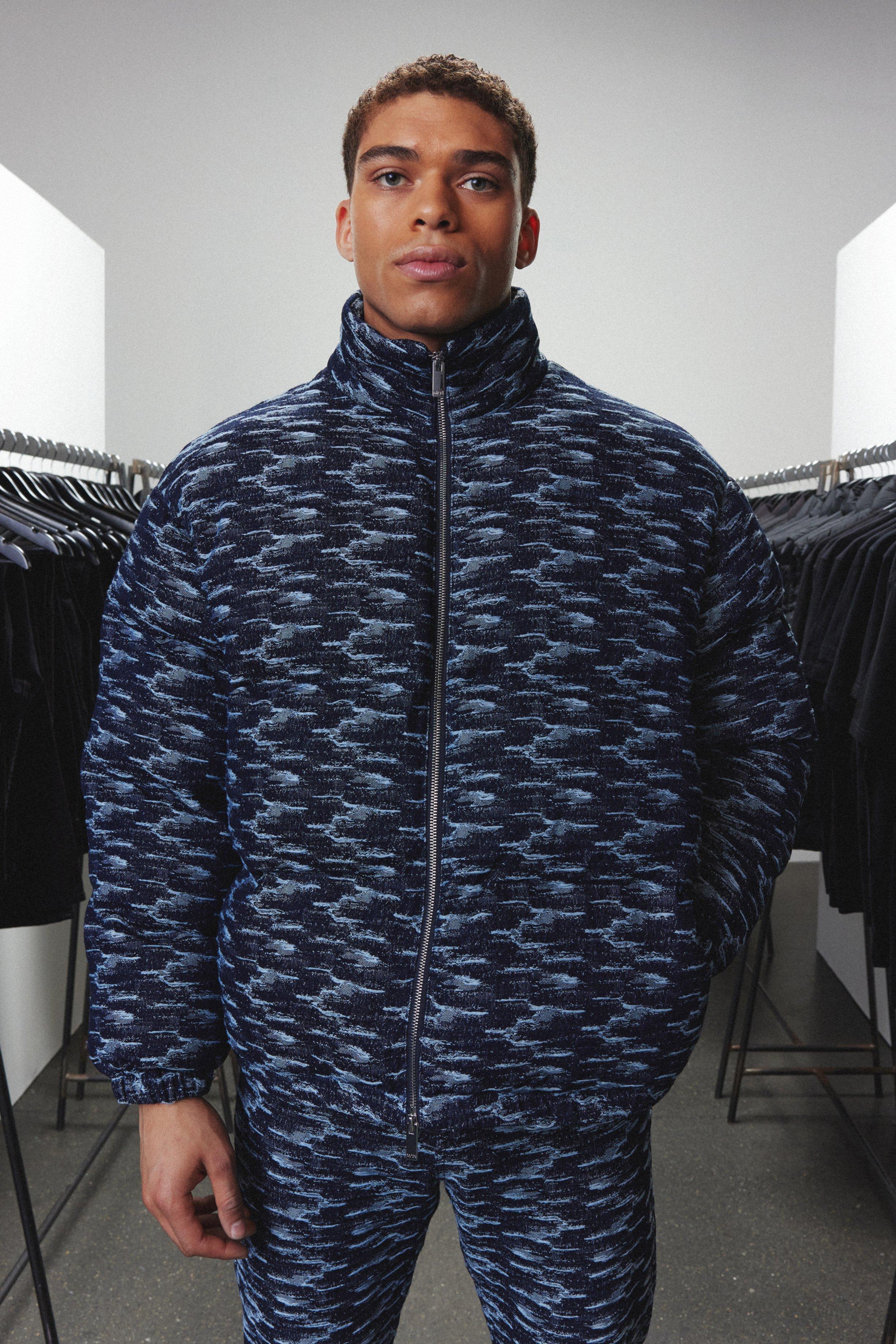 Boxy Fit Fabric Interest Denim Puffer Jacket | boohooMAN USA Product Image