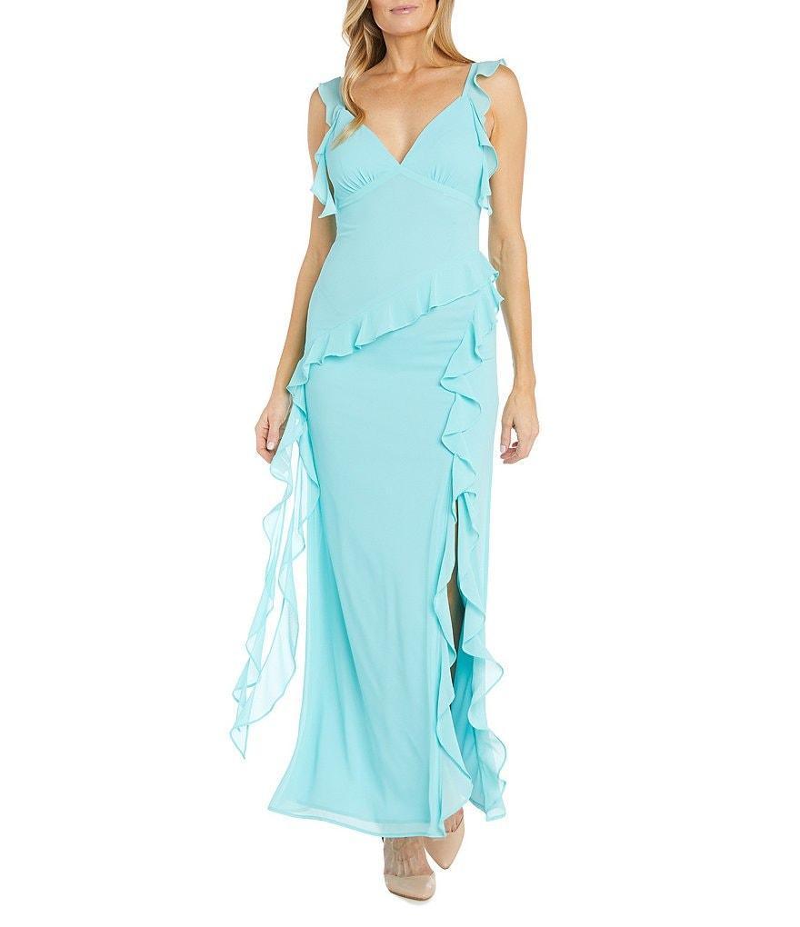 R & M Richards V-Neck Sleeveless Ruffle Detail Crepe Chiffon Dress Product Image