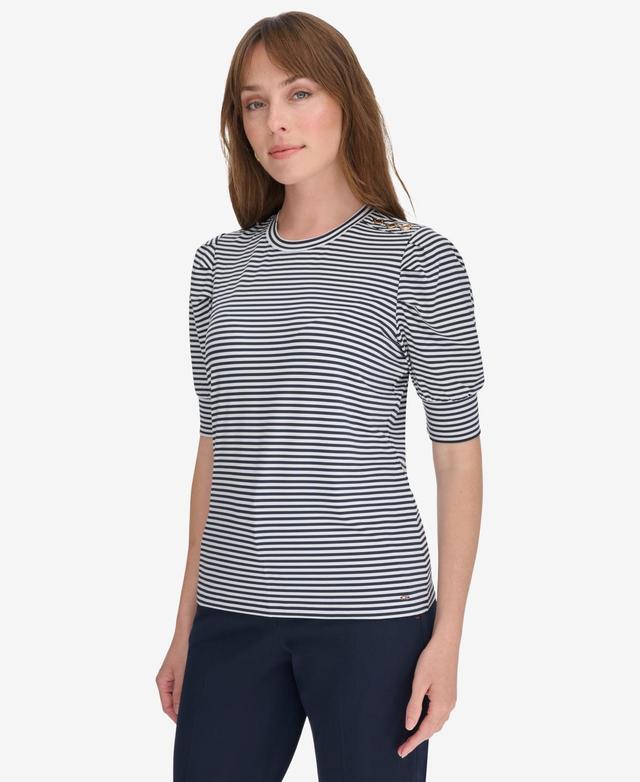 Tommy Hilfiger Womens Striped Blouse with Extended Puff Sleeves - Mdnght Product Image