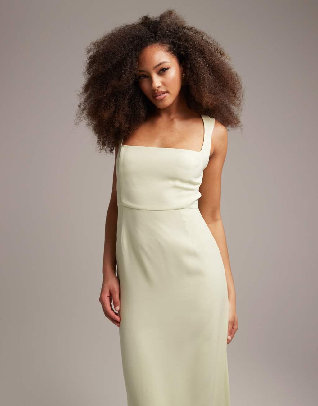 ASOS DESIGN Bridesmaids clean square neck crepe maxi dress with split in soft green Product Image