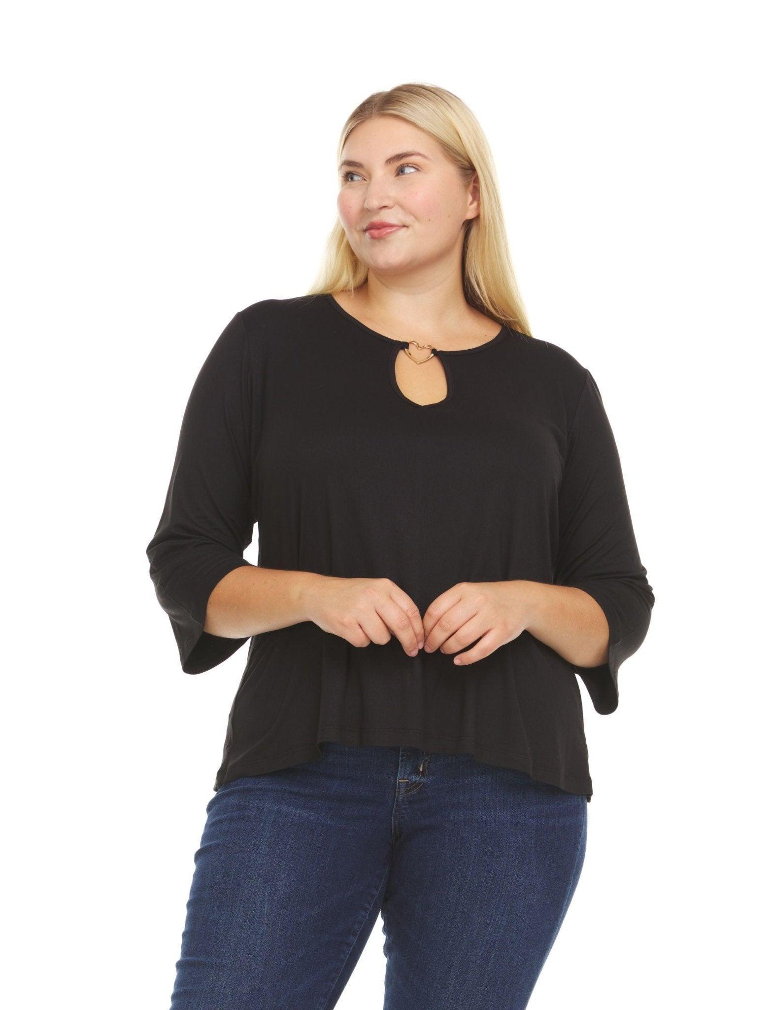 3/4 Sleeve Tunic With Metal Heart Design Detail At Keyhole Neckline - Plus Product Image