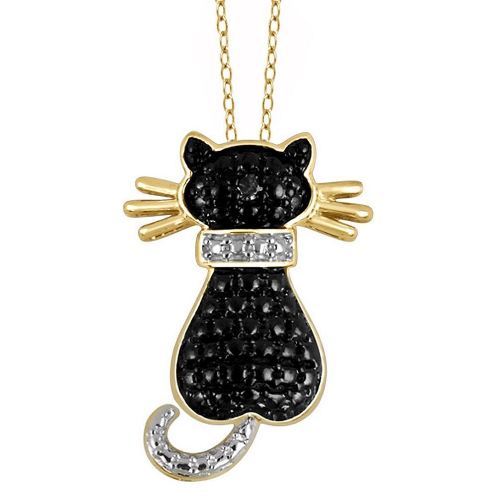 Womens Sterling Silver Accent Round-Cut Black Diamond Pave Set Cat Pendant 18) Product Image