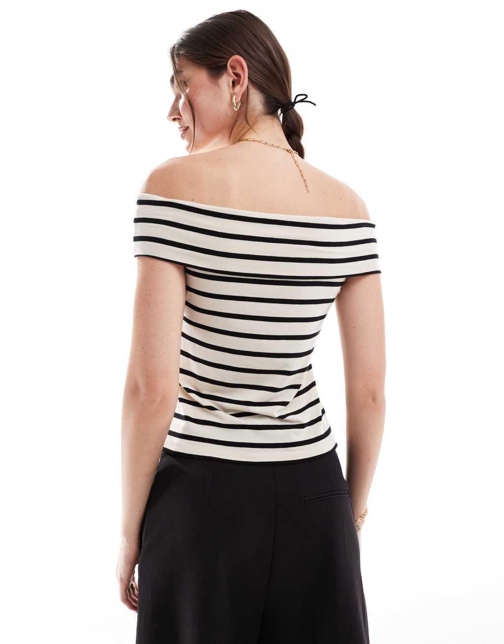 Vero Moda Aware off the shoulder jersey top in black and cream stripe Product Image