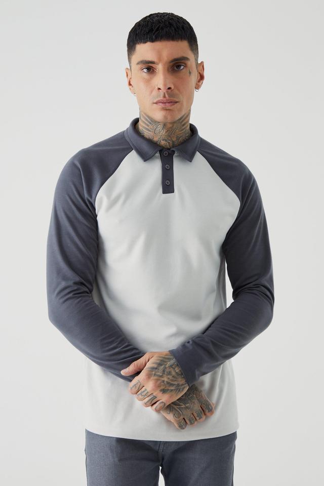 Tall Slim Raglan Colour Block Long Sleeve Polo | boohooMAN USA Product Image