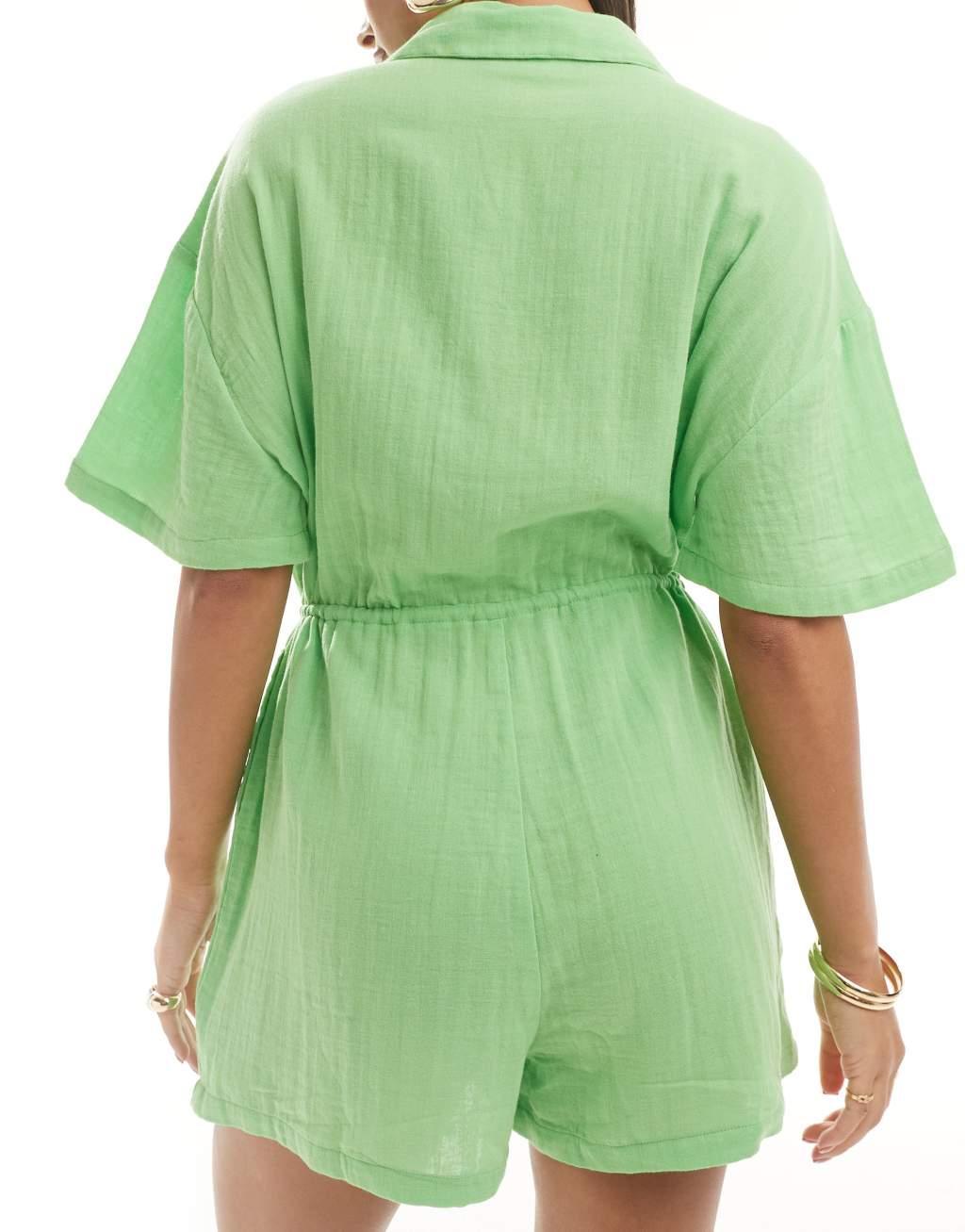 ASOS DESIGN beach double gauze oversized shirt romper in green Product Image