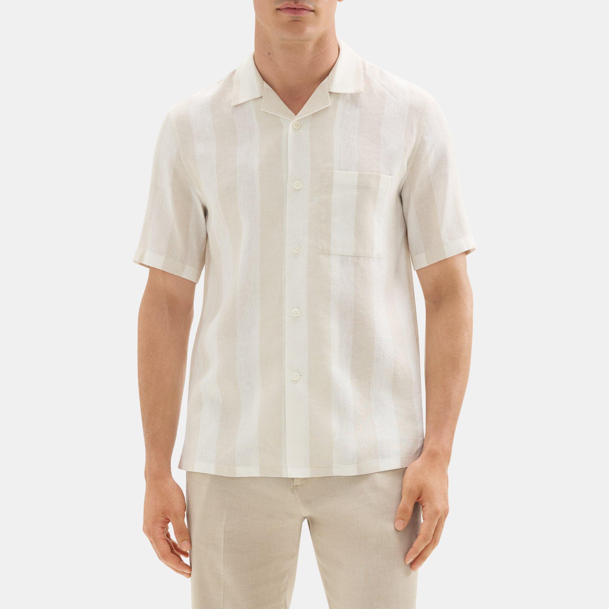 Striped Linen-Blend Short-Sleeve Camp Shirt | Theory Outlet Product Image