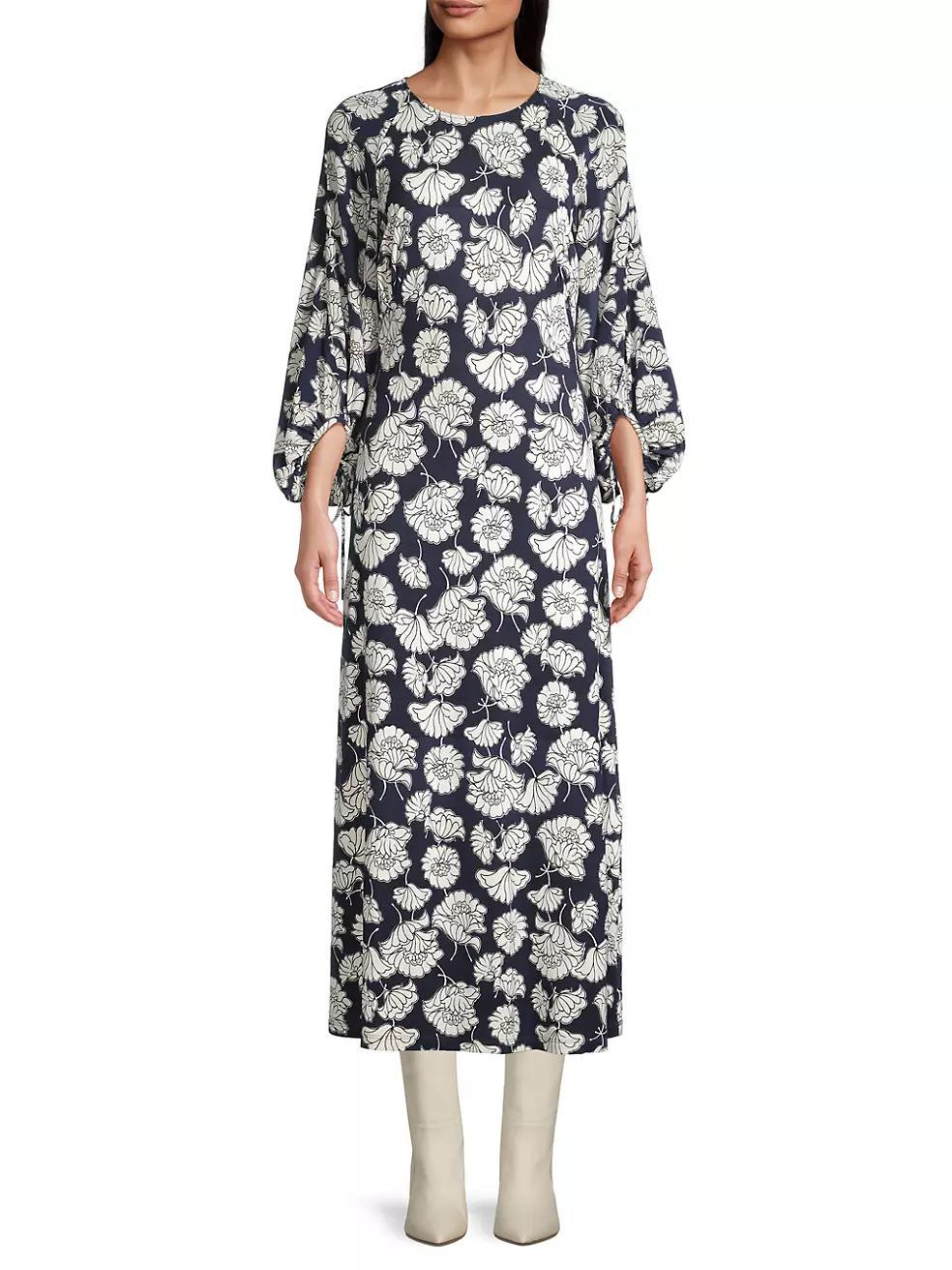 Floral Jersey Draped Long-Sleeve Midi-Dress Product Image